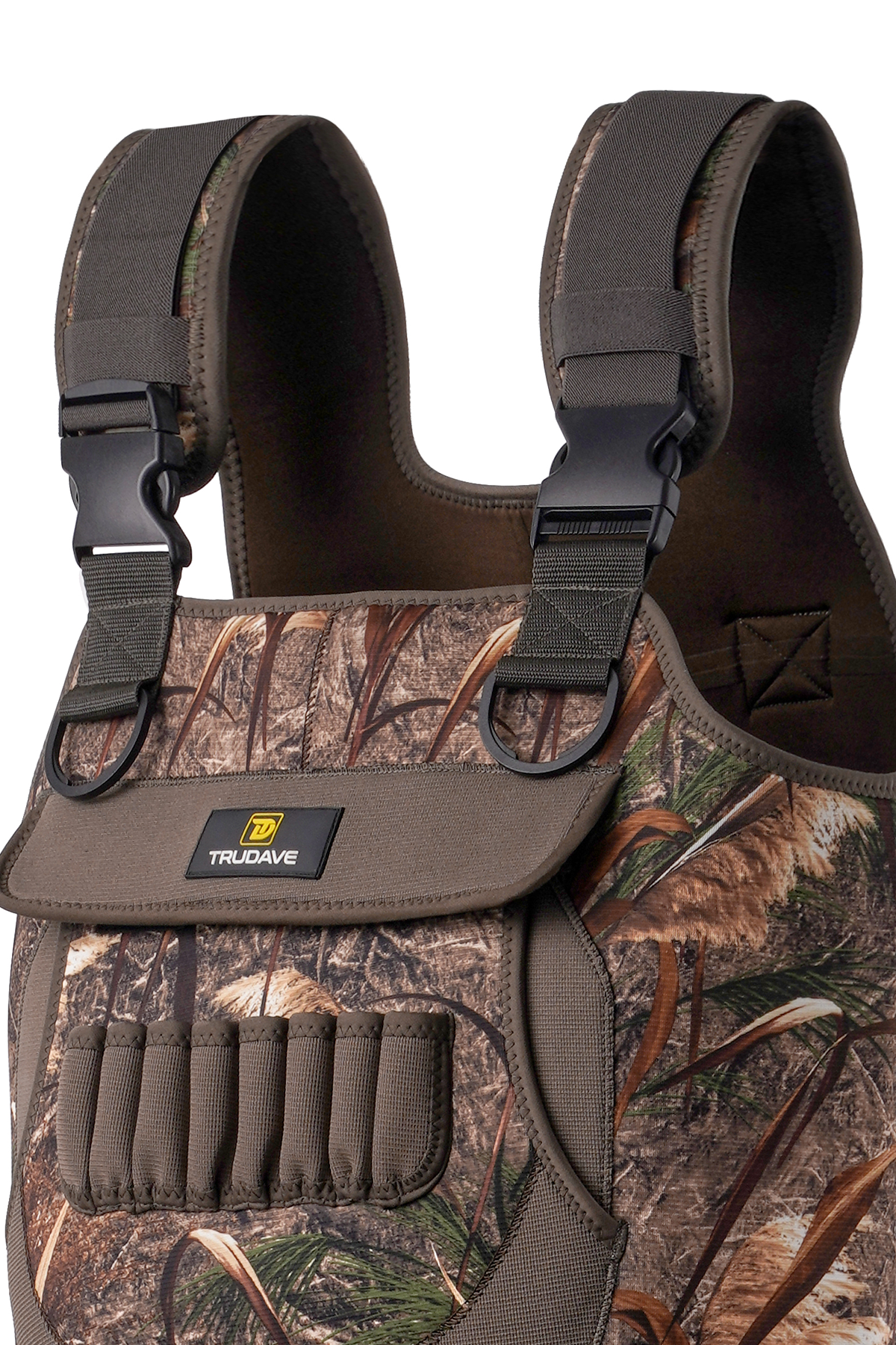 alt="Upper-body close-up of Trudave FrostTrail Series men’s waterproof neoprene hunting chest waders with boots in Real Reed camo showing adjustable suspenders, reinforced chest panel, and waterproof pocket design for comfort and protection during duck hunting"